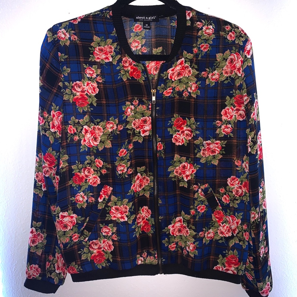 Medium Sheer Plaid and Floral Zip-Up Top/Jacket